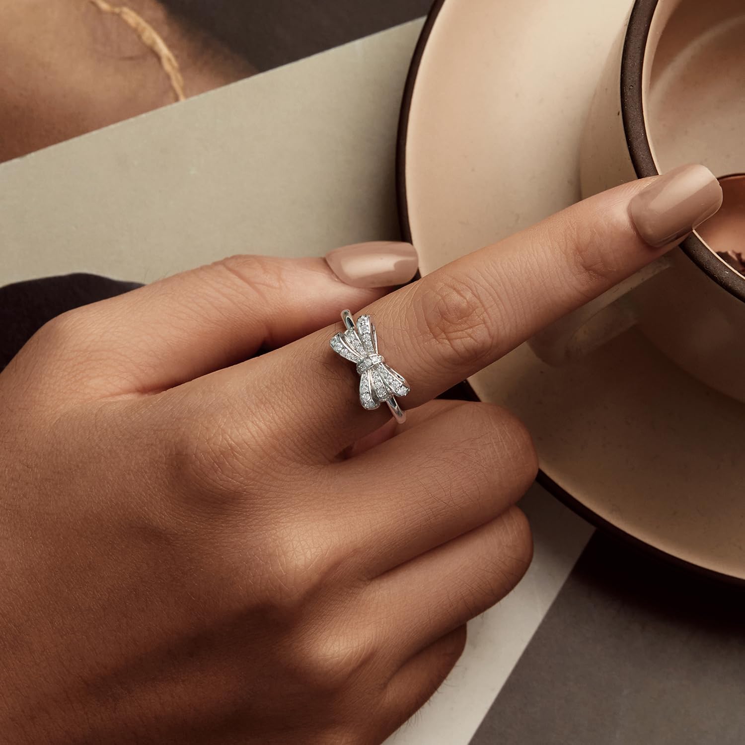 Shysnow Bow Ring for Women Dainty Open Adjustable Ribbon Bow Knot Cubic Zirconia CZ Ring Christmas Jewelry Accessory - Image 3