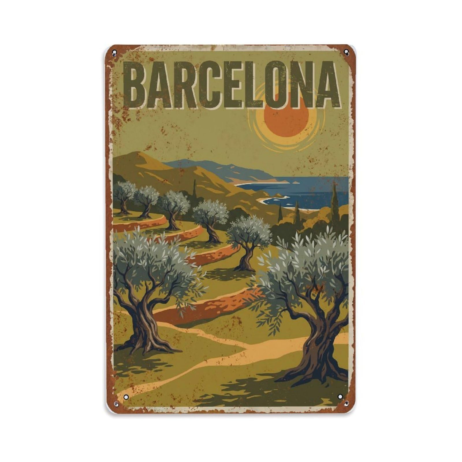Fqnyr Style Vintage Travel Groves Spain Olive Metal Tin Sign Plaque Wall Decor For Cafe, Club Bar, Office, Home Garden Metal Poster 8X12inch