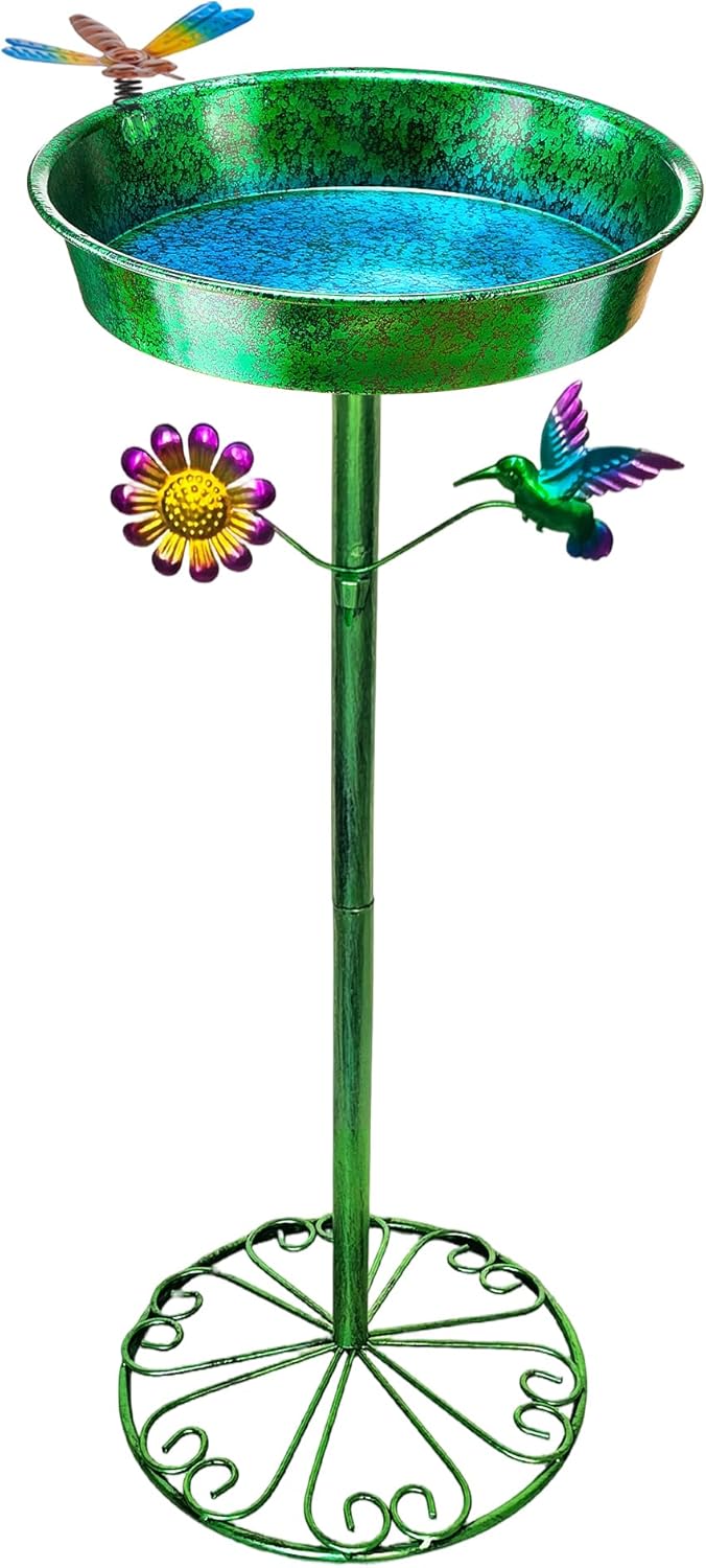 Bird Bath for Outdoors, Metallic Green & Blue 11.5” Metal Birdbath Bowl & Feeder Pedestal Base Garden Decor Yard Art (26” Tall, 0.7 Gallon)