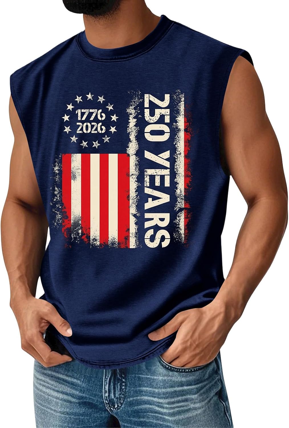 WENKOMG1 Men's USA Flag Tank Tops Sleeveless 250 Years of America Round Neck Summer Casual Workout Tee Shirts, S-3XL