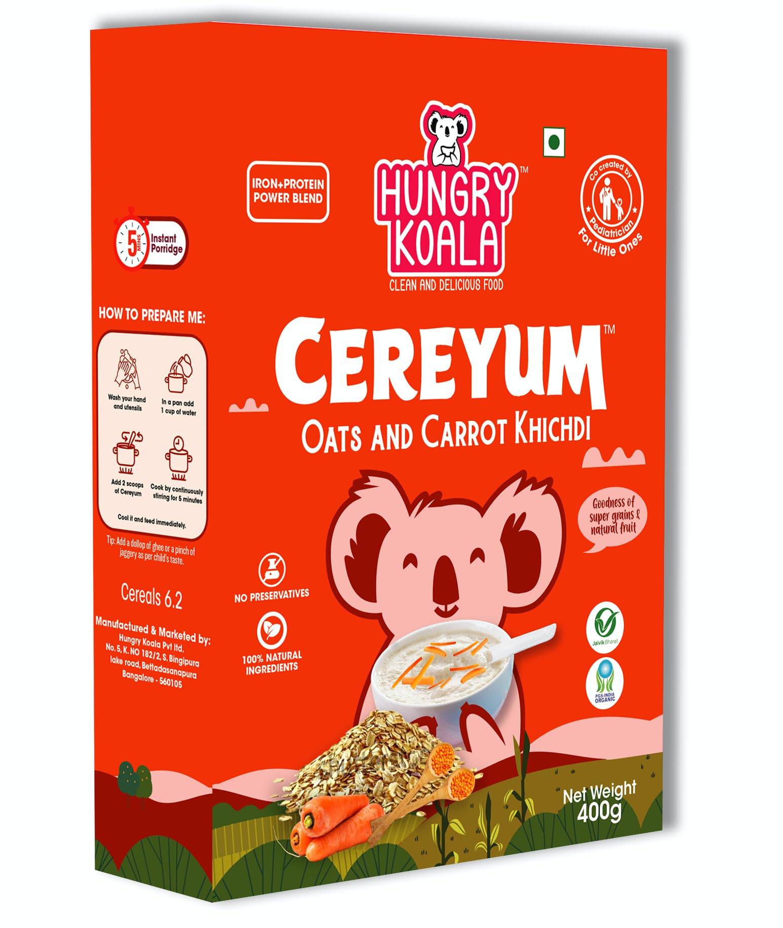 HUNGRY KOALA Oats & Carrot Khicdi Cereal Made With Natural Ingridients For Kids To Grow Healthy No Preservative Or Additives Or Maida 400 Grams Pack