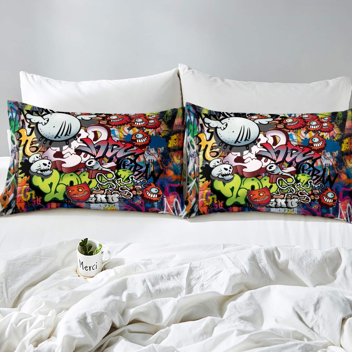 Funda de edredón Estilo Hippie Graffiti para niños y niñas y niños, Funda de edredón de Cultura callejera Moderna, gráfica para Pared, de habitación, 3 Piezas
