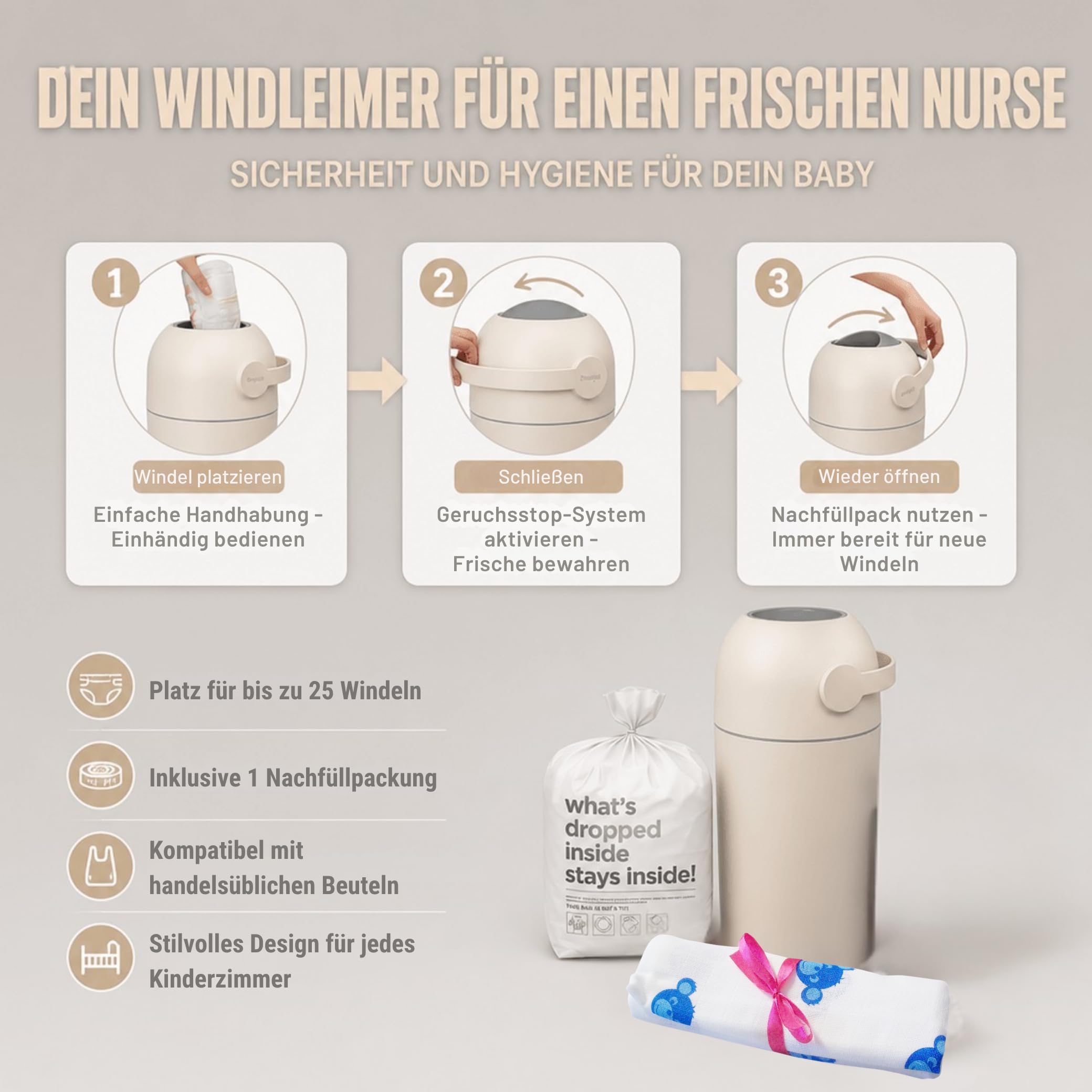 Set Magic Windeleimer Majestic & Windel Blaubär | Diaper Keeper 12L mit Geruchsstop-System | bis zu 25 Windeln | keine Nachfüllkassetten nötig | Mülleimer für Baby Windeln