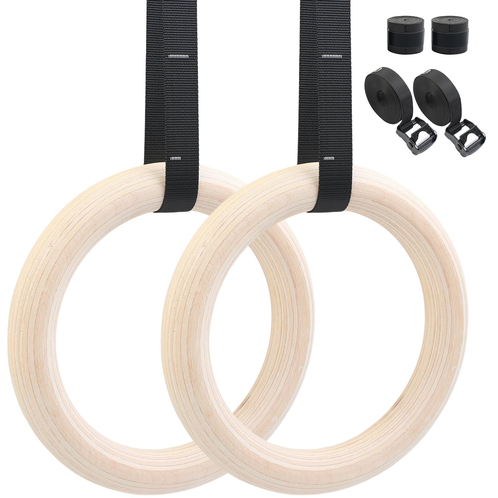 MaxEarn Wooden Gymnastic Rings with Adjustable Buckle Straps & Grip Strap, 32mm Olympic Gymnastics Rings for Full Body Workout, Pull Up Fitness Rings for Home and Gym