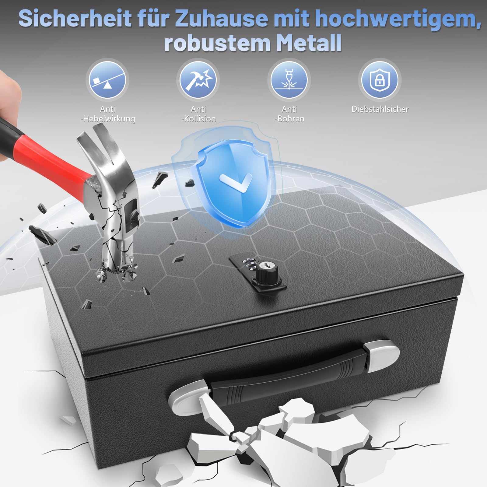 Tragbarer Safe Tresor, 20L Feuerfeste Dokumentenbox mit Griff, Tresor Feuerfest mit Zahlenschloss & Schlüsseln, Wasserdichter Sicherheitsbox für Bargeld Schmuck A4 Dokumente, 32,5 x 21.3 x 11.4 cm