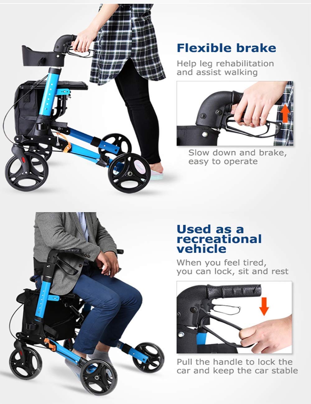 Andador, Rollator, Andador Ligero de Aluminio con Freno de Bucle, Plegable, para Transporte, para Adultos, con Altura Ajustable en Piernas y Brazos Es Muy Amable de tu Parte