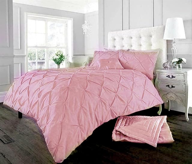 Luxury Alford Alexander Pin Tuck Pinch Pleat Duvet Quilt Cover Reversible Diamond Bedding Set With Matching Pillowcases Pink Superking 260cm x 220cm Approximate