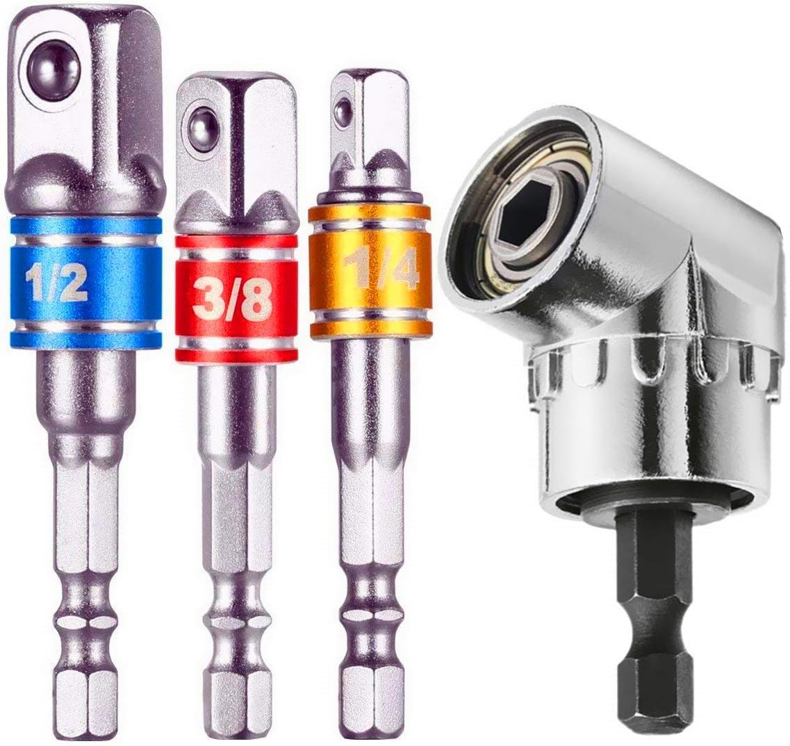 3Pcs 1/4" 3/8" 1/2" Cr-V Hex Shank Impact Grade Socket Adapter/Extension Set + 105 Degree New Right Angle Drill Bit Adapter Attachment 1/4" Drive 6mm Hex Magnetic Bit Socket Screwdriver Holder Adaptor