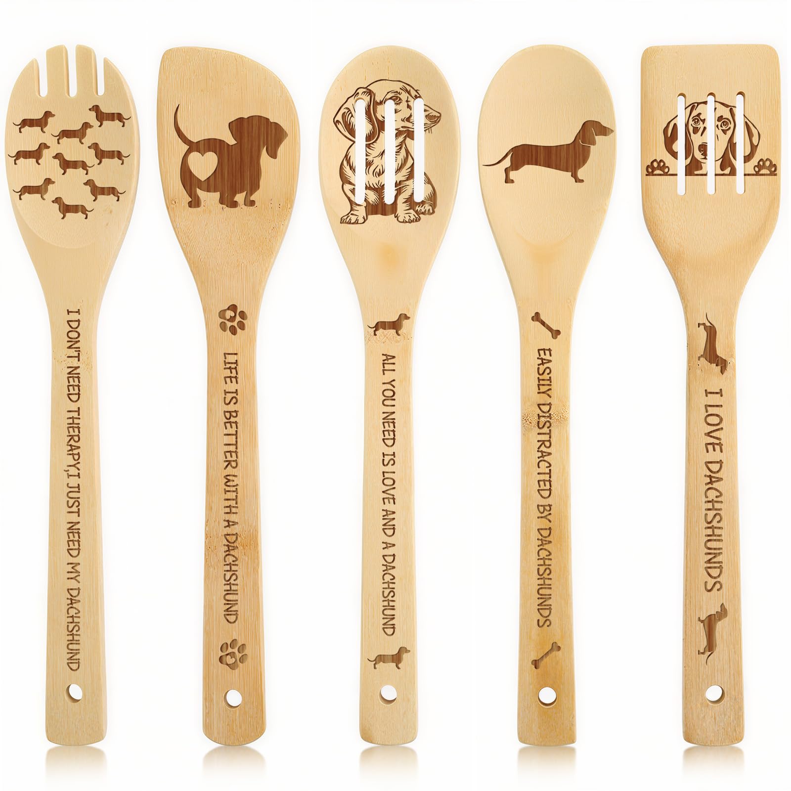 Dachshund Gift for Housewarming -5 Pieces Dachshund Bamboo Spoon Decor Kitchen Utensils