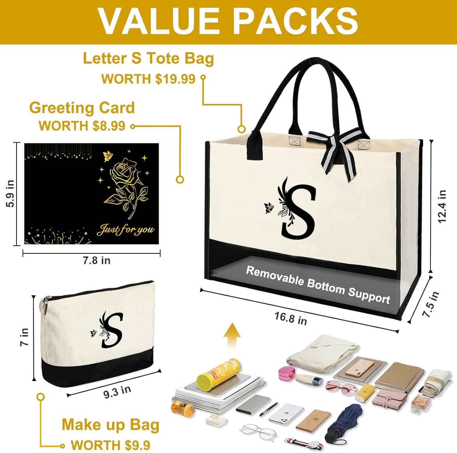 Personalized Gifts for Women - Initial Canvas Tote Bag & Makeup Bag, Custom Bags for Beach, Christmas, Wedding, Birthday, Holiday, Monogram Birthday Gifts for Women, Mom, Wife, Teacher, Friend - S
