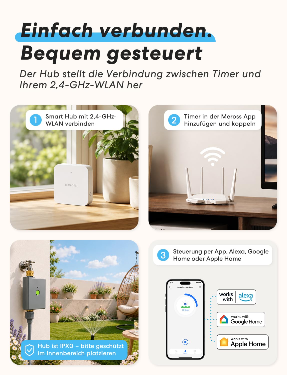 meross Bewässerungscomputer WLAN mit Smart Hub, Bewässerungstimer Garten, App- und Sprachsteuerung, Regenpause, Wasserverbrauchsanzeige, Messinganschlüsse, IP65, Alexa, Google & Apple Home, Grau