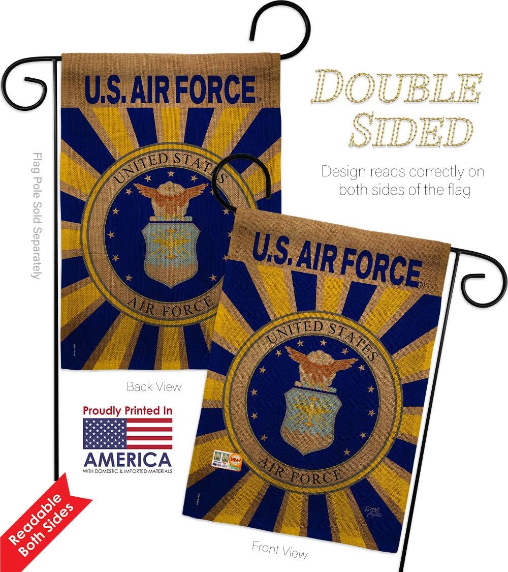 Air Force Burlap Burlap Garden Flag Set Wood Dowel Armed Forces USAF United State American Military Veteran Retire Official Small Decorative Gift Yard House Banner Double-Sided Made In USA 13 X 18.5