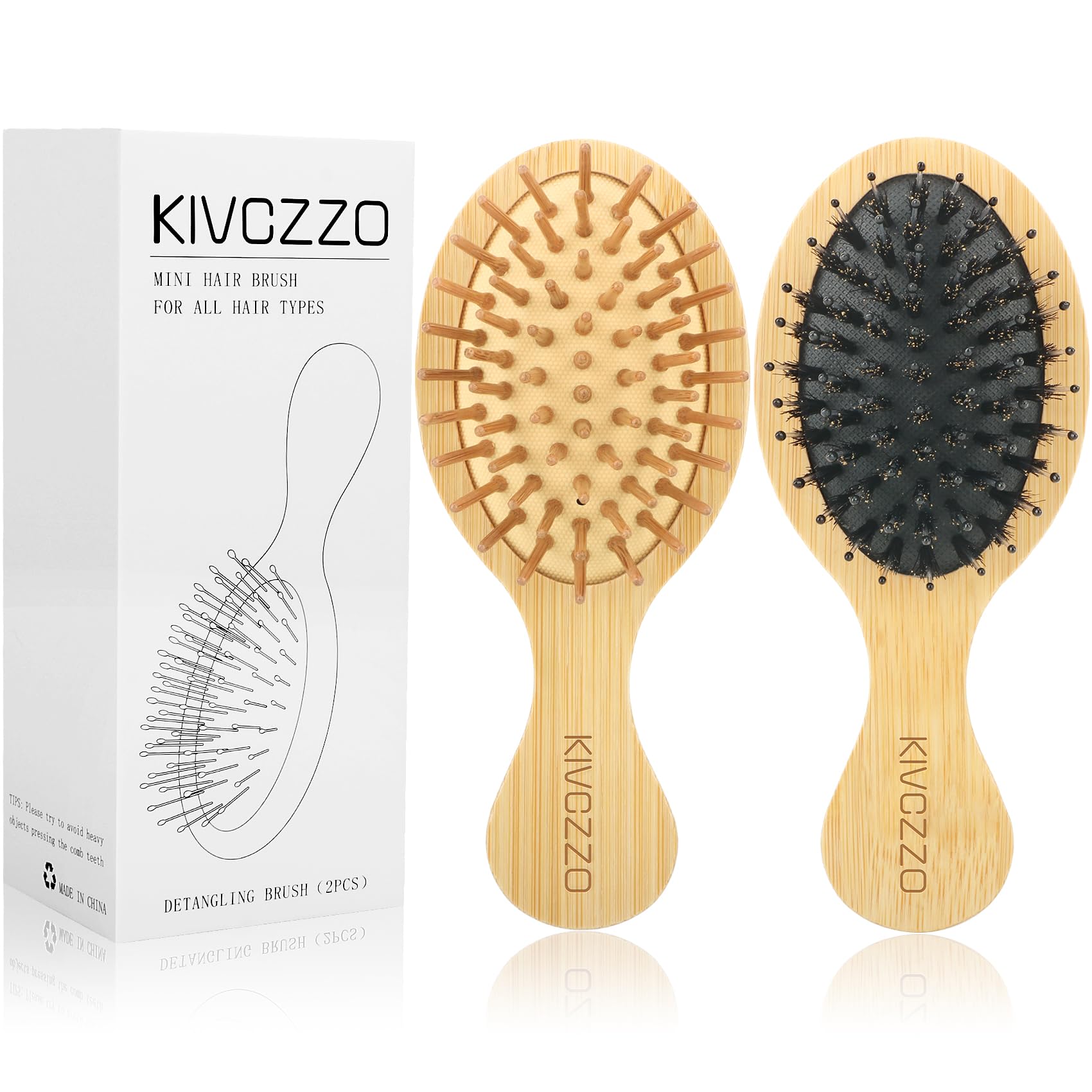 Mini cepillo de pelo de bambú, paquete de 2, cerdas de jabalí y pasadores individuales, desenredante de masaje, tamaño pequeño de viaje para cabello grueso/rizado, cepillo de bolsillo
