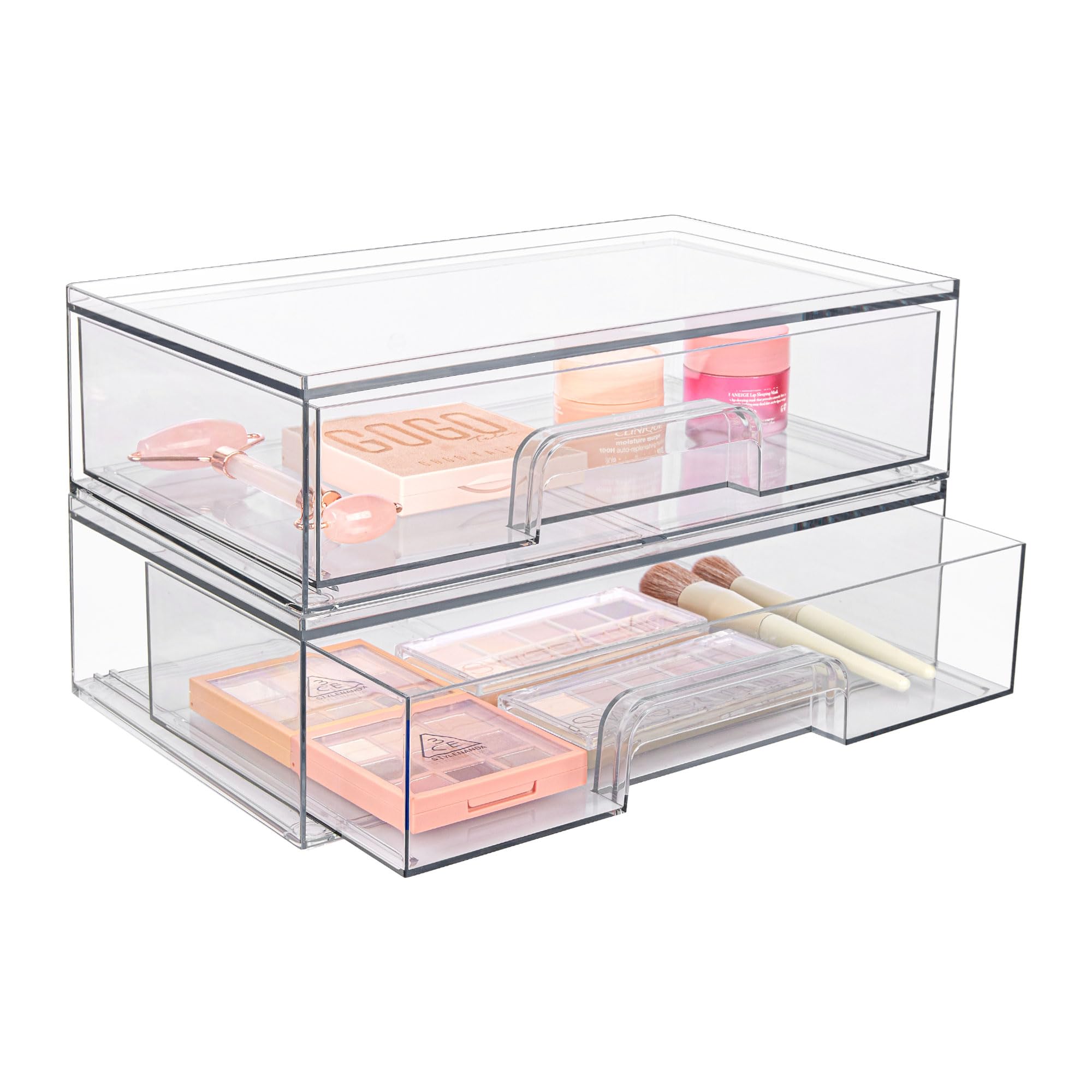 Vtopmart 12''W Clear Stackable Storage Drawers,2 Pack Acrylic Plastic Organizers Bins for Makeup Palettes, Cosmetics, and Beauty Supplies,Ideal for Vanity, Bathroom,Cabinet,Desk Organization