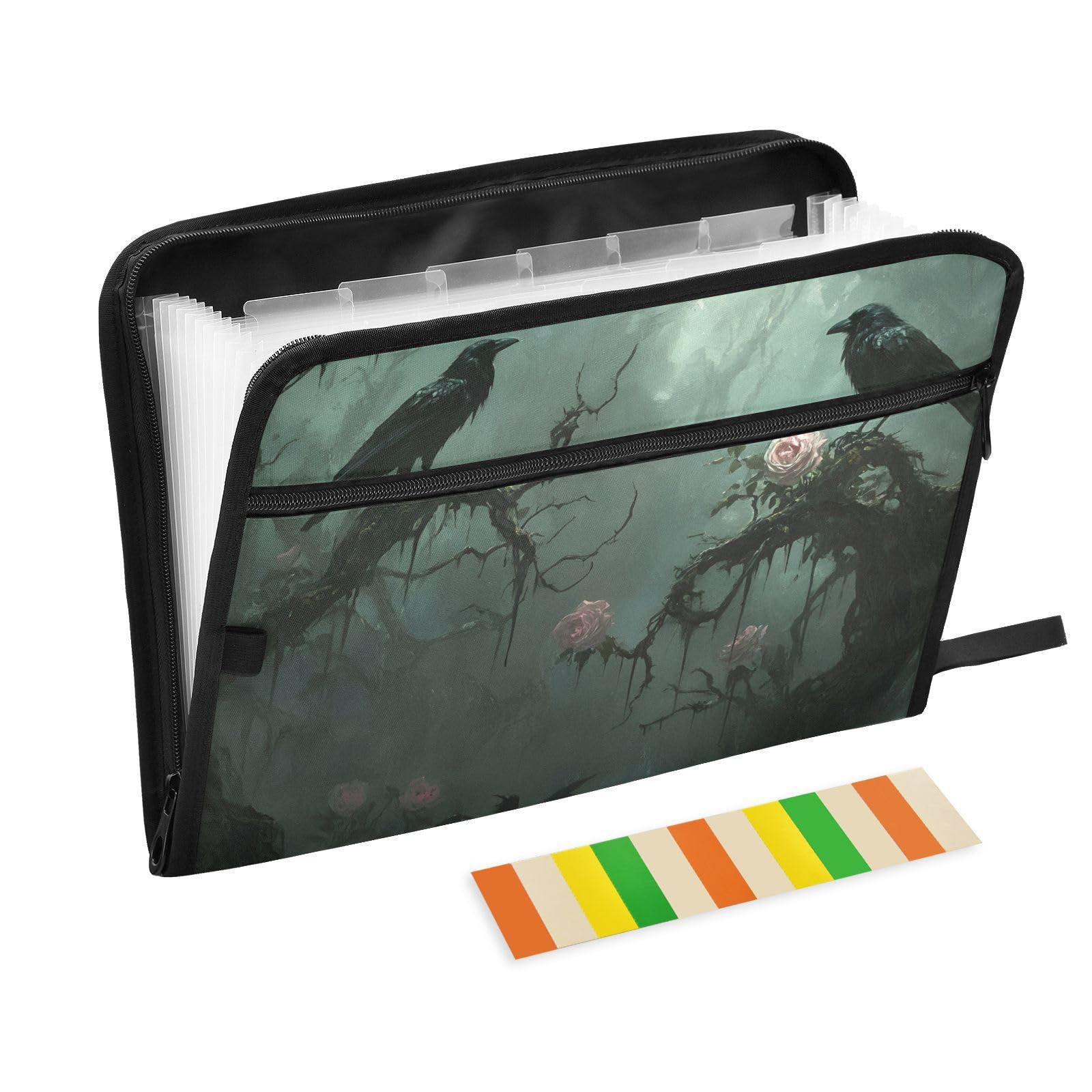 KYZSXZ Expanding File Folder Gothic Crows Print, 13 Pockets with Label Portable Documents Pouch Bag Legal Size Accordion Document Organizer