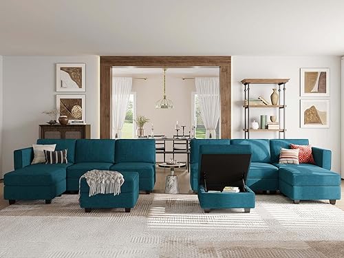 Miniatura 7 de Belffin Sofá modular en forma de U, sofá otomano de almacenamiento reversible, sofás de gran tamaño con diván azul pavo real