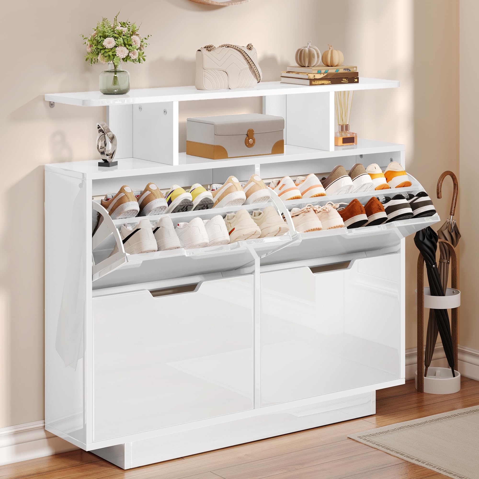 YITAHOME Schuhschrank Schmal Hochglanz mit 4 Klappen, 120 x 24 x 106 cm für 16-24 Paar, Schuhschrank Weiss, Schuhkipper, Schuhkommode im Flur, unterschiedliche Fachhöhen (37/43 cm), Platzsparend