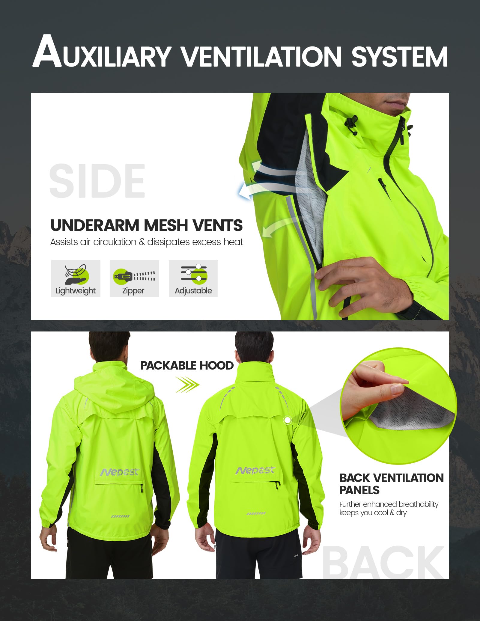 Nepest Veste de cyclisme imperméable homme 10K H2O respirabilité 5K 6 poches Réfléchissante UPF50+ coupe-vent VTT course randonnée