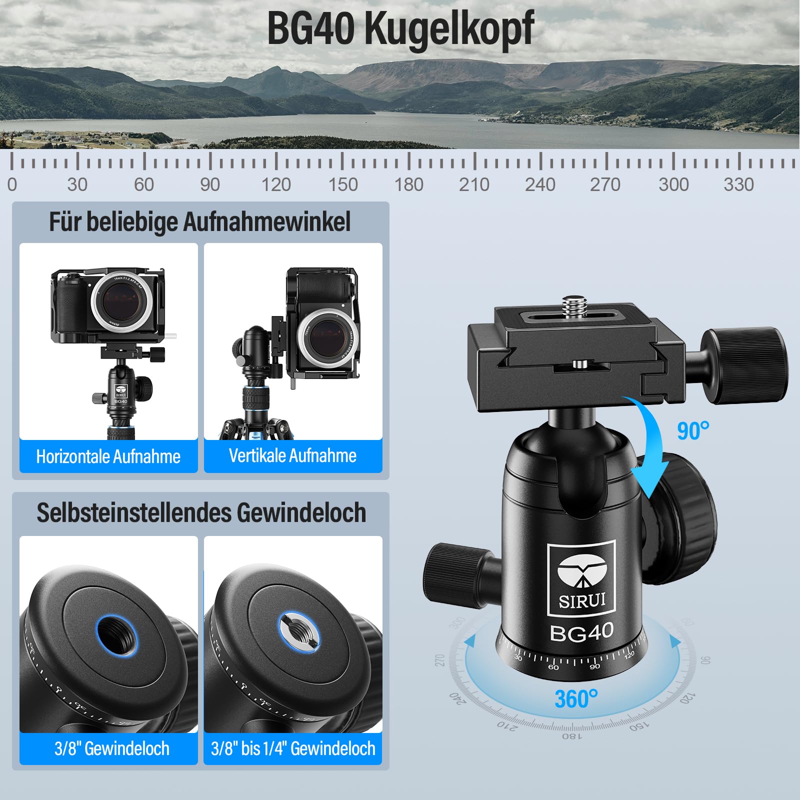 SIRUI Carbon Stativ Kamera BG40 360° Kugelkopf Höhe 152cm 900g Leichtes Reisestativ Schnellwechselplatte DSLR Camcorder Traglast 10kg Traveler X-III