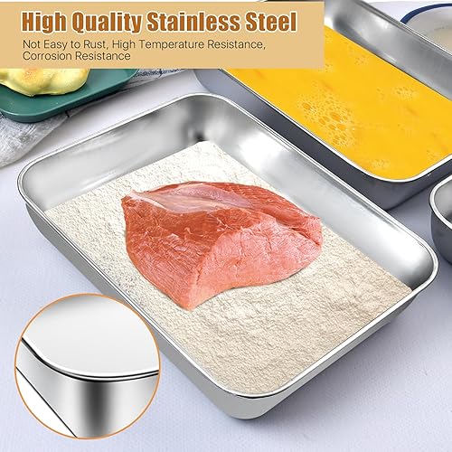 Miniatura 3 de 3 bandejas de pan de acero inoxidable, 10.4 x 7.7 x 1.9 pulgadas, sartén grande con tapas y pinzas para dragar pechugas de pollo y marinar carne,