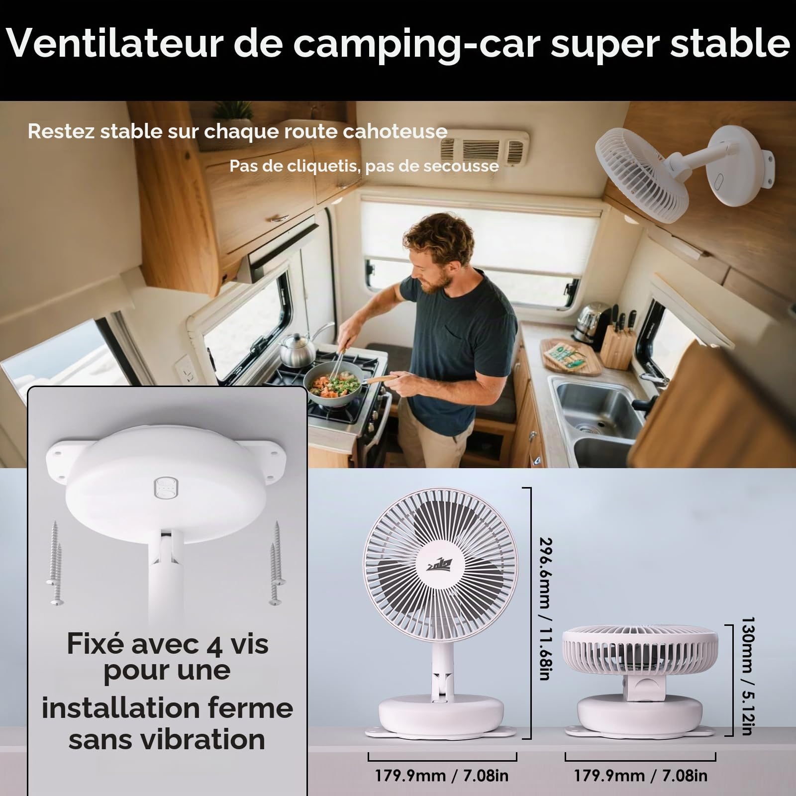 ZOIZ Ventilateur Camping-Car 12V avec LED 4 Couleurs, Ventilateur Mural et de Table, Double Alimentation 12V et USB-C, Oscillant Silencieux pour Van Aménagé, Caravane, Bateau, Chambre & Vanlife