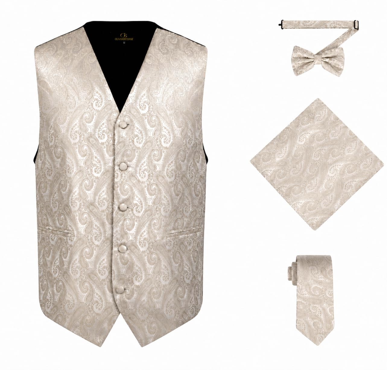 oliver george Men's 4pc Paisley Design Formal Waistcoat Tuxedo Dress Vest Necktie BowTie Handkerchief Set For Suit or Tuxedo-picture-16