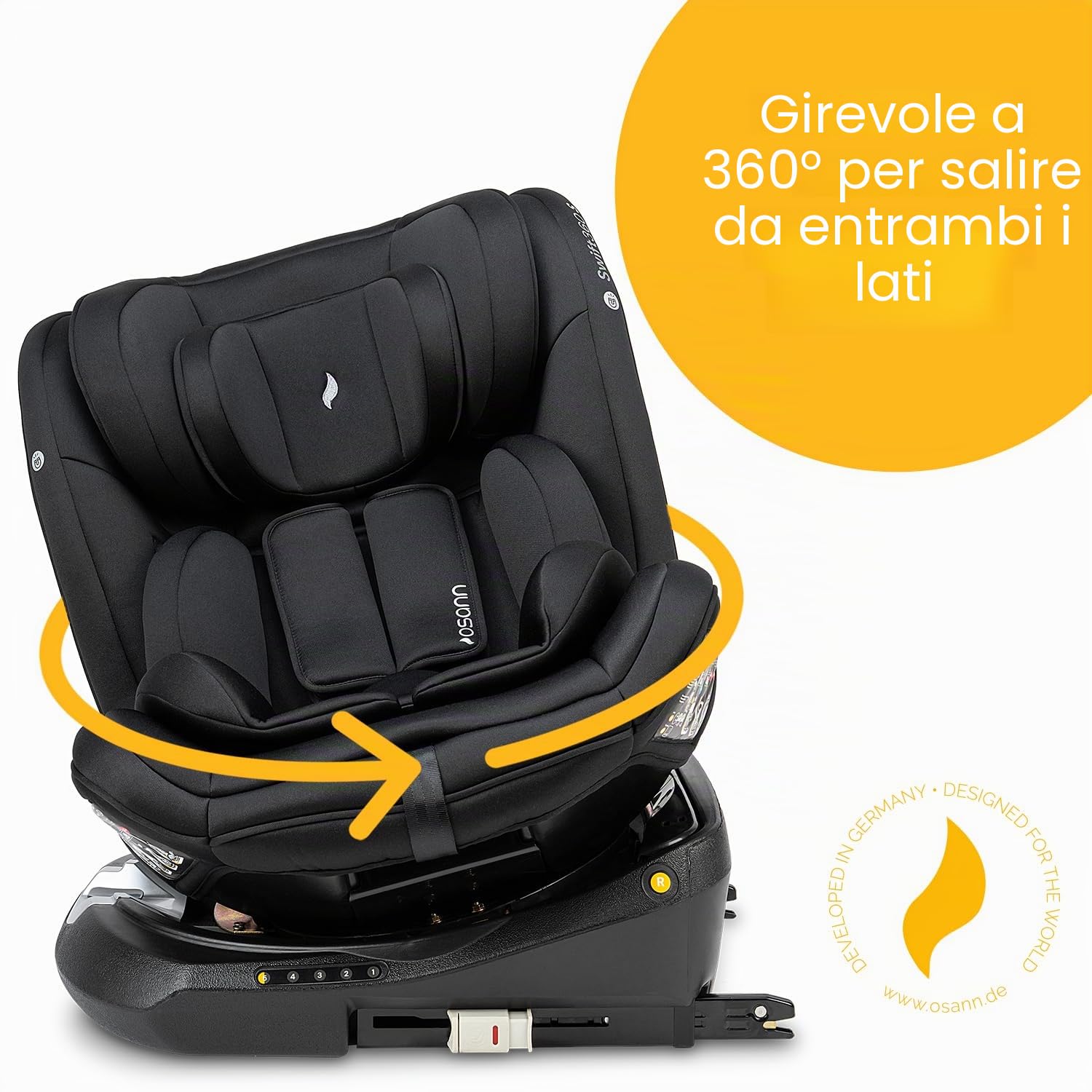 Osann Swift360 S i-Size, seggiolino girevole a 360 gradi, 76-150 cm (9-36 Kg) - All Black