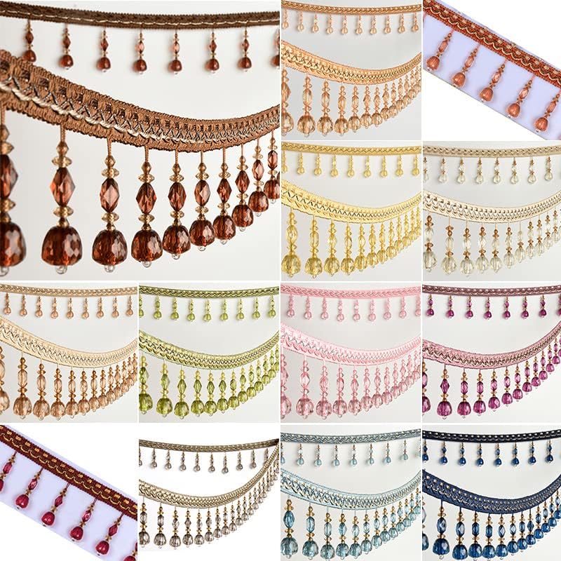 Fringe Trim Tassel,Curtain Lace, 12 Meters Crystal Beaded Lace Trim Tassel Fringe Braided Hanging Beads Trimming Ribbon for Sewing Curtain Home Decor (Color : Pink) (Color : Green)