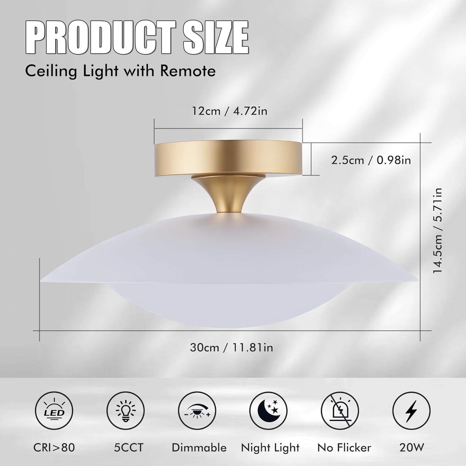 FTL Modern LED Semi Flush Mount Ceiling Light Fixture with Remote 5CCT 2700K-6500K Dimmable Mid Century White LED Ceiling Lights 11.8in Close to Ceiling Light Fixture for Kitchen Hallway Laundry Room