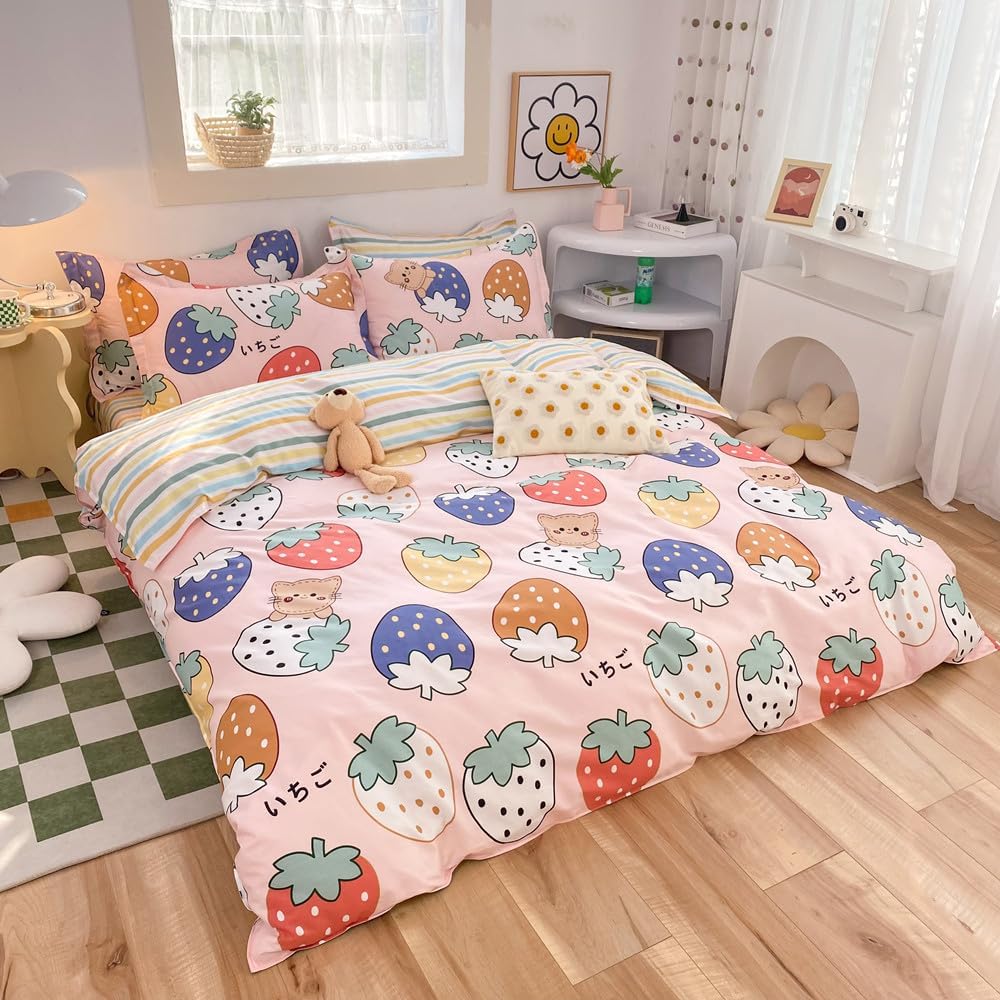 100% Cotton Kids Duvet Cover Set - Kawaii Cartoon Strawberry Bedding for Toddler Girls & Boys, Twin Size 3-Piece Breathable Soft Comforter Cover with Zipper Closure (Strawberry,Twin) - Image 6