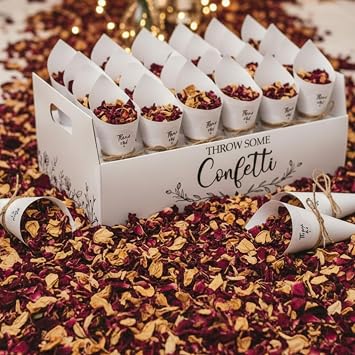 1 Sets Wedding Petal Cones for 30 Guest - Biodegradable Real Petals 150g 5.29 Oz, 30 White Confetti Cones, 1 Tray, 30 throw Me Stickers for Bridal Shower Wedding Favor Celebration Toss