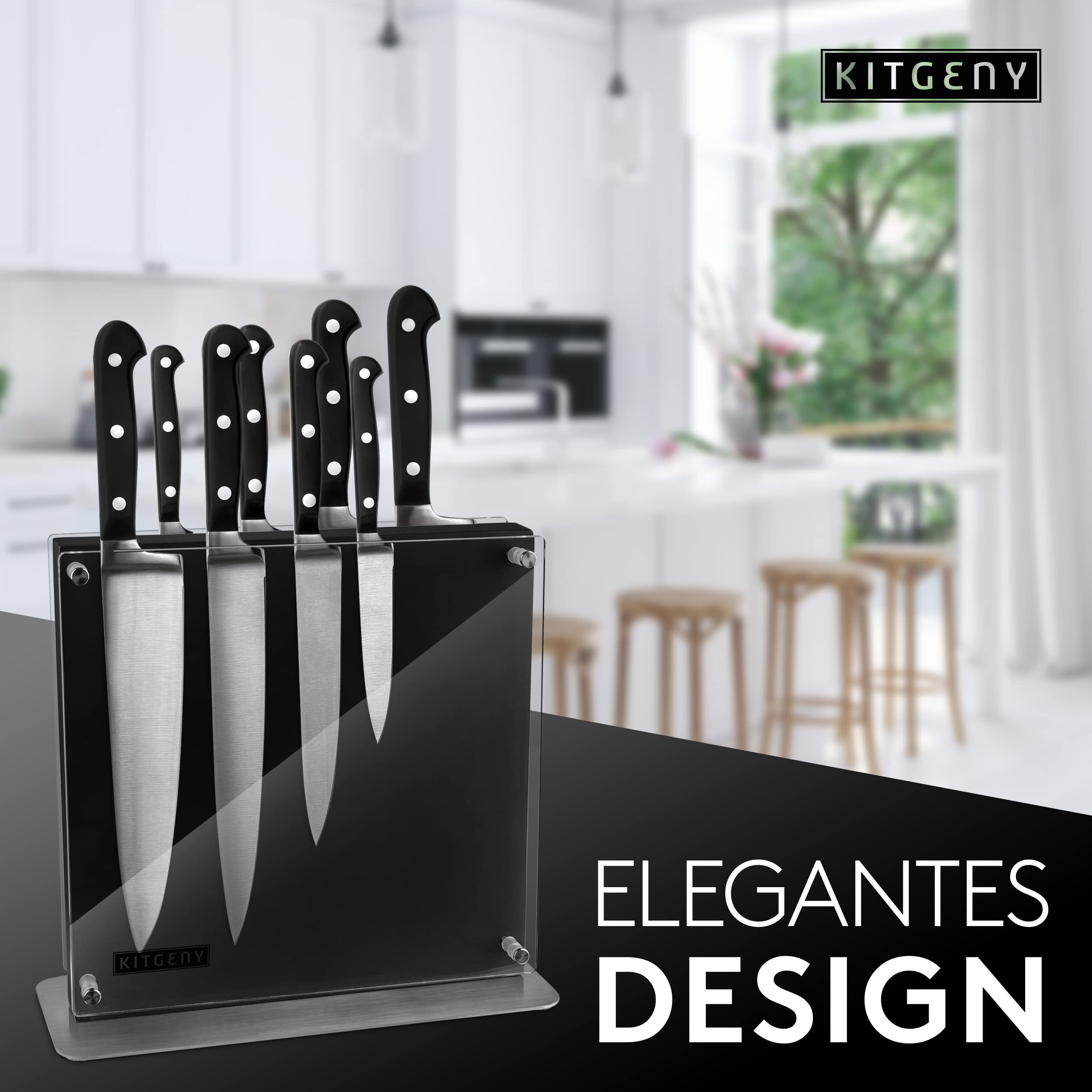 Blocco portacoltelli di design magnetico – supporto magnetico in legno di acacia – supporto magnetico antiscivolo per coltelli con protezione – nero ed elegante blocco coltelli magnetico su