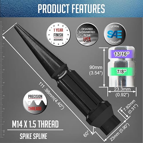 Vista 30 de Wheel Accessories Parts 24 piezas de 0.551 in 1.50 rosca ET Bulge Bellota (rosca extra para espaciador) 1.70 tuercas de rueda largas de 1.70 Negro