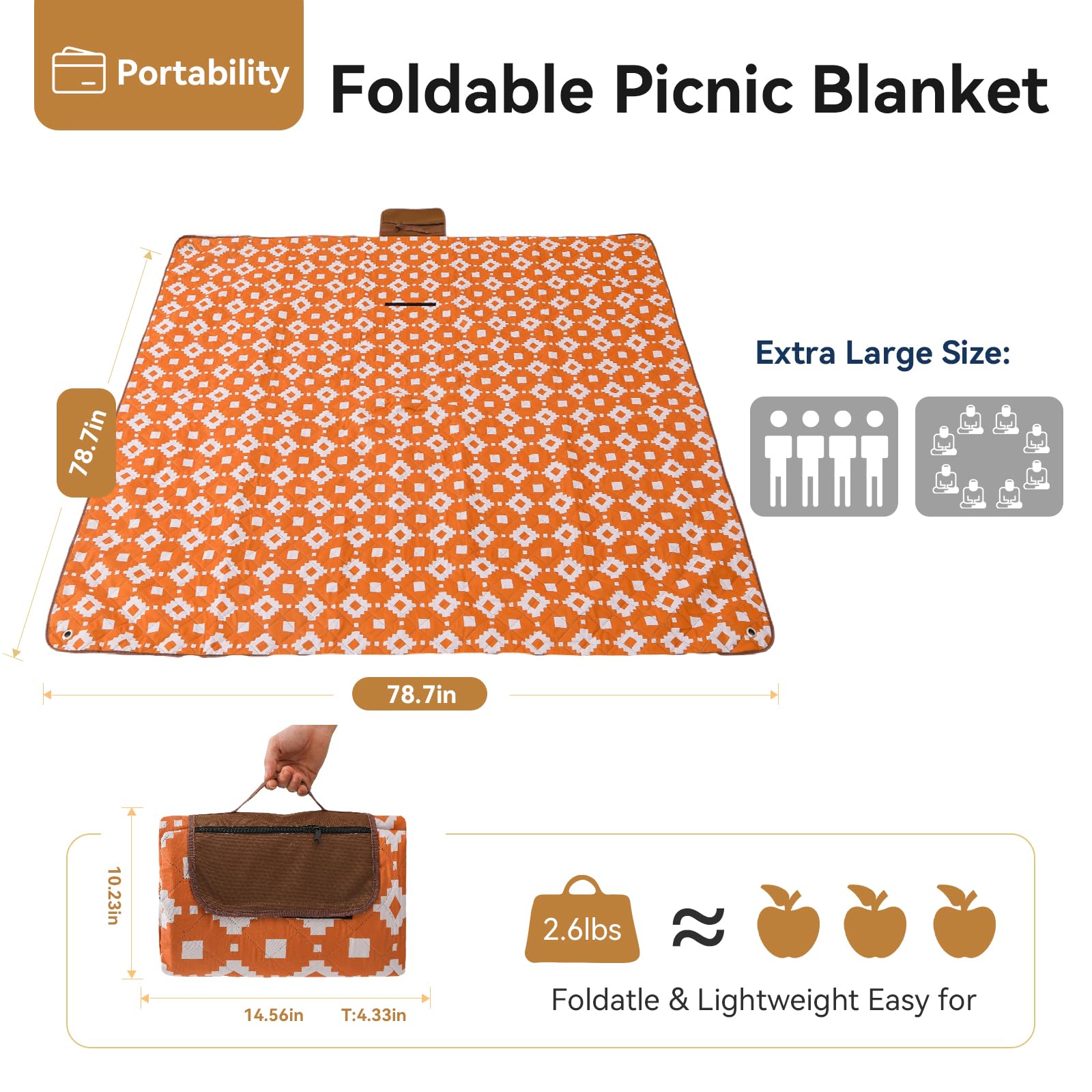 OESSUF Manta de Picnic Impermeable 200x200, Extra Grande Libre de Arena Manta de Playa portátil Lavable a máquina almacenable Plegable Camping Caramelo