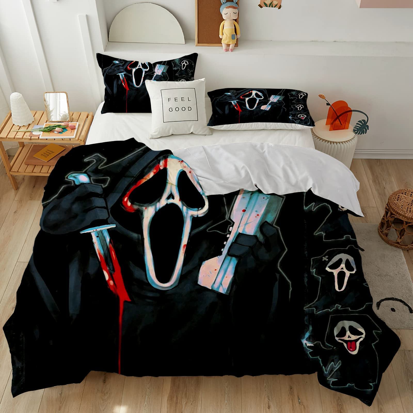 Horror Movie Halloween Skeleton Duvet Cover Bedding Set, 2/3pc Microfiber Men Teens Boys Kids Children Cover Modern Bedroom Single Double Quilt Cover and Pillowcase (Colour3,Single 135x200cm)