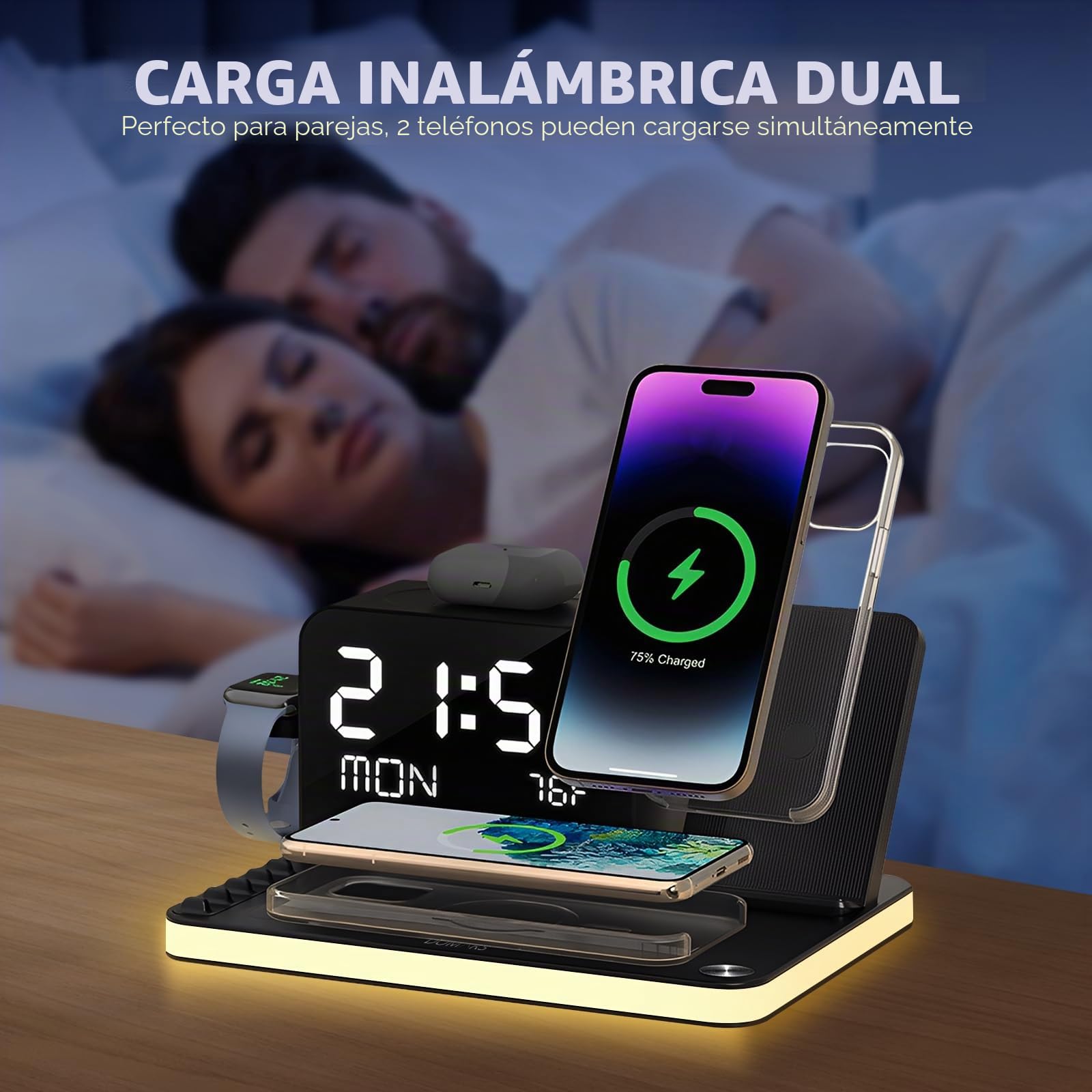 Estación Cargador Inalámbrica 7 en 1,con 4 Soportes de Carga Wireless y 2 Puertos de Carga, Base de Carga Rápida de 30W Compatible con iPhone 17-12,Apple Watch,AirPods(Negro)
