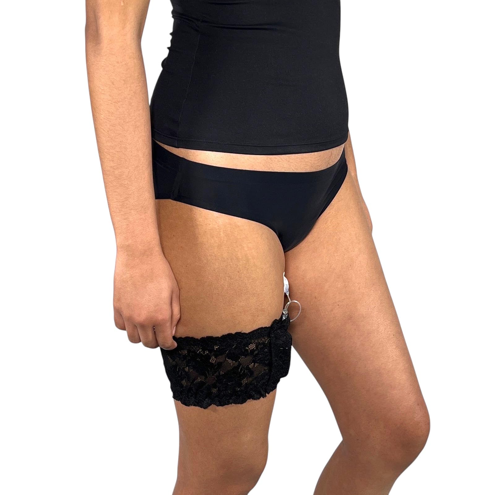 Pumpcases Thigh Garter for Insulin Pump - Stretch Lace Garter with Pocket - Discreet, Non-Slip Insulin Pump Garter Belt - (New Black, Large)