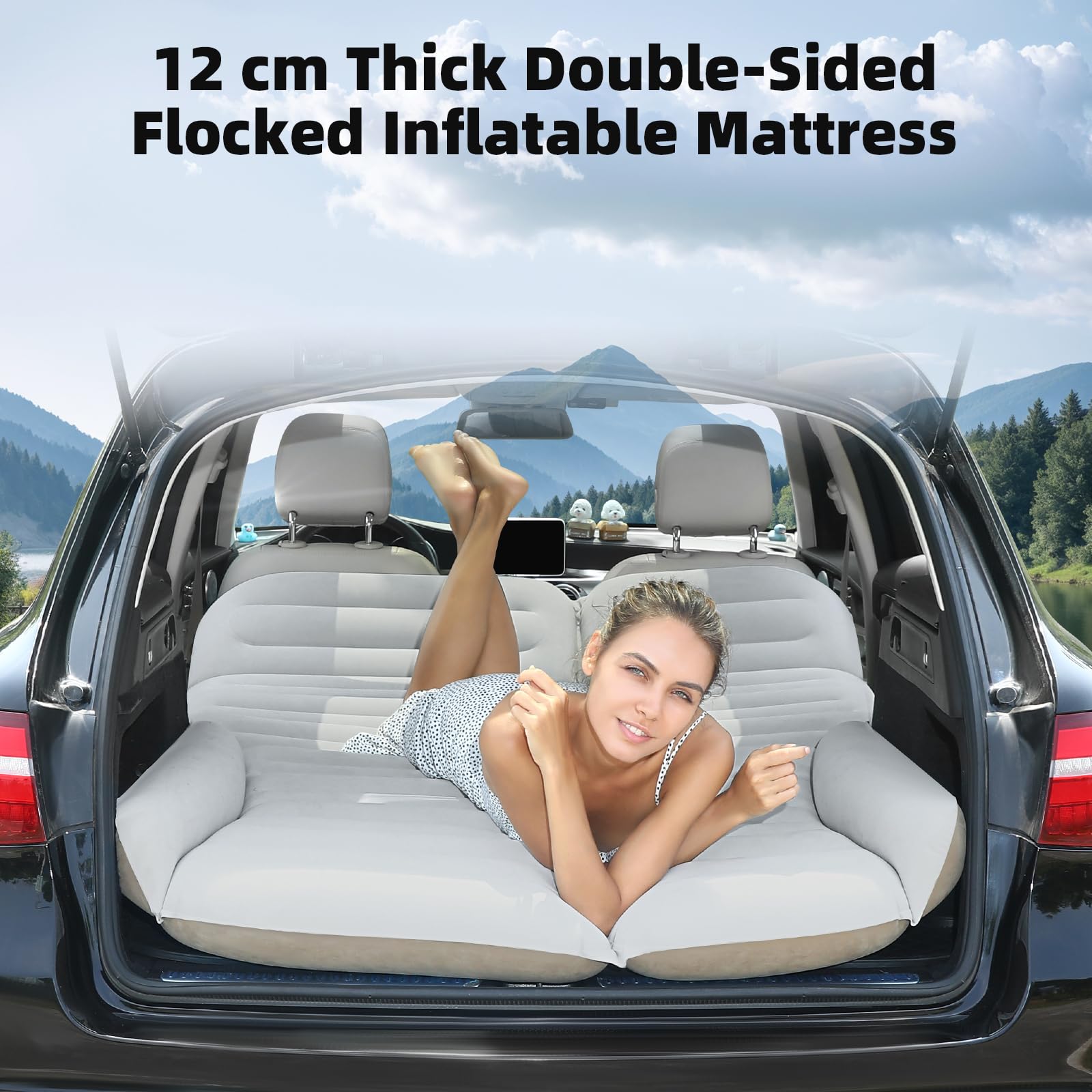 KMZ SUV Air Mattress Double Sided Thickened Flocking Car Bed – Portable Inflatable Mattress Pad for Camping & Travel with 2 Pillows & Electric Pump (Off-White and Coffee)