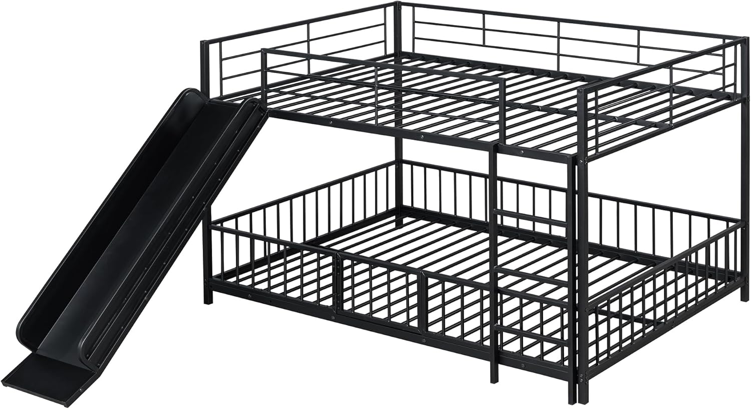 JIVOIT Metal Full Over Full Bunk Bed with slide and a visible gate on the lower bunk