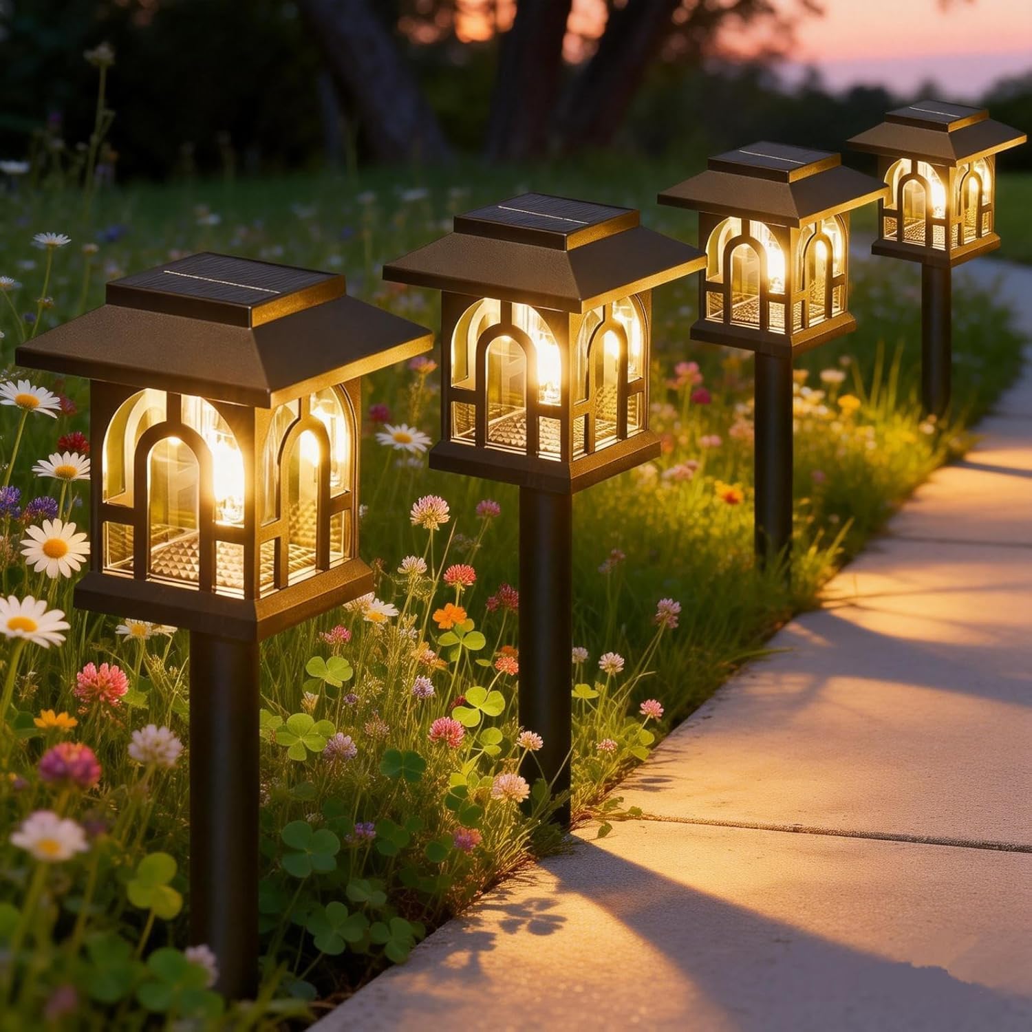 BUCASA 4 Pack Solar Lights Outdoor Garden, Up to 10 Hours Solar Garden Lights Waterproof Pathway Lighting for Yard, Patio, Landscape, Walkway, Path (3000K Warm White)