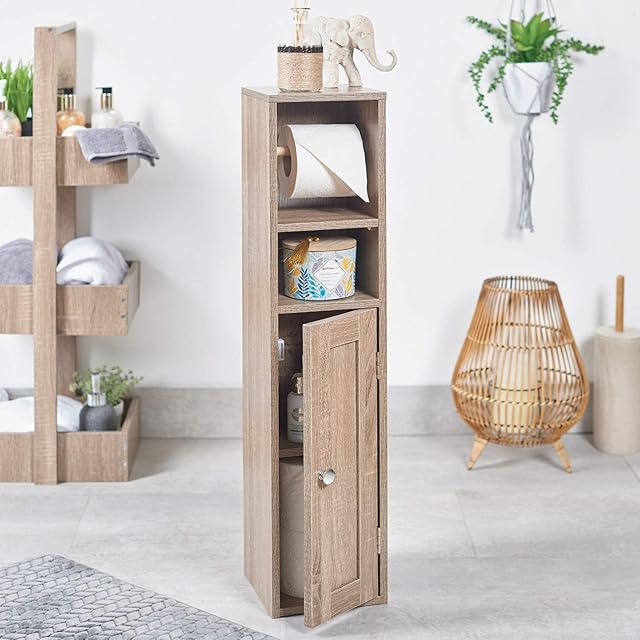 EEMKAY® New Charming Design Wooden Oak Toilet Roll Cabinet Free Standing Bathroom Toilet Roll Holder and Storage Cabinet