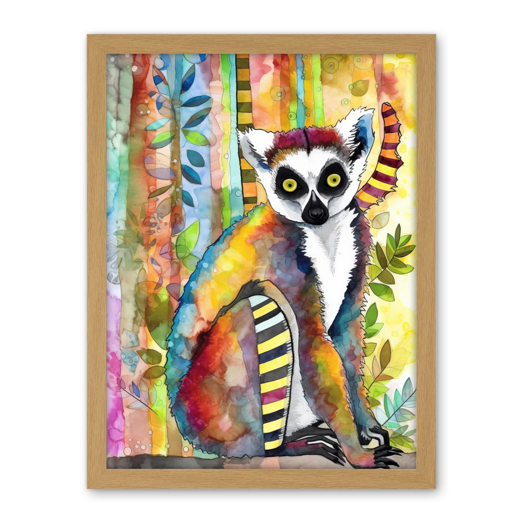 Artery8 Lemur Vibrant Portrait Folk Art Watercolour Painting Artwork Framed Wall Art Print 18X24 Inch
