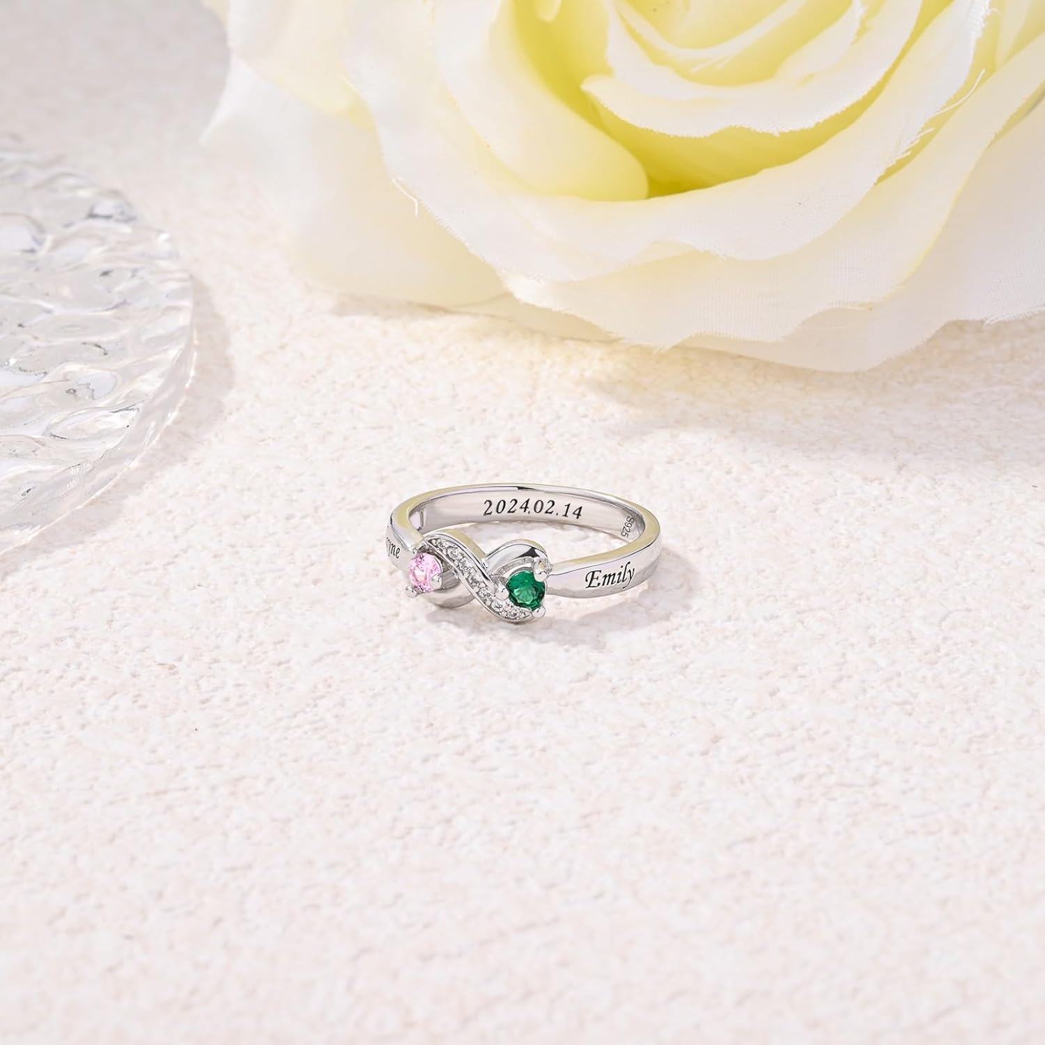 925 Sterling Silver Personalized Mother Rings with 2 Birthstones,Custom Engraved Promise Ring for Women,Gift for Mom,Grandma,Wife Mother's Day Valentine's Day Birthday