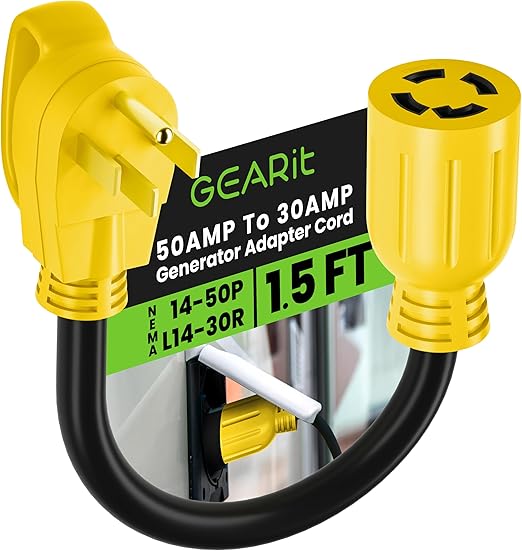 GEARit 50 Amp to 30 Amp 4-Prongs Locking Generator Transfer Switch Adapter Cord, 50Amp Male to 30Amp Female, NEMA 14-50P to NEMA L14-30R, STW 10 Gauge Heavy Duty Generator Adapter Plug - 18in, 1.5ft