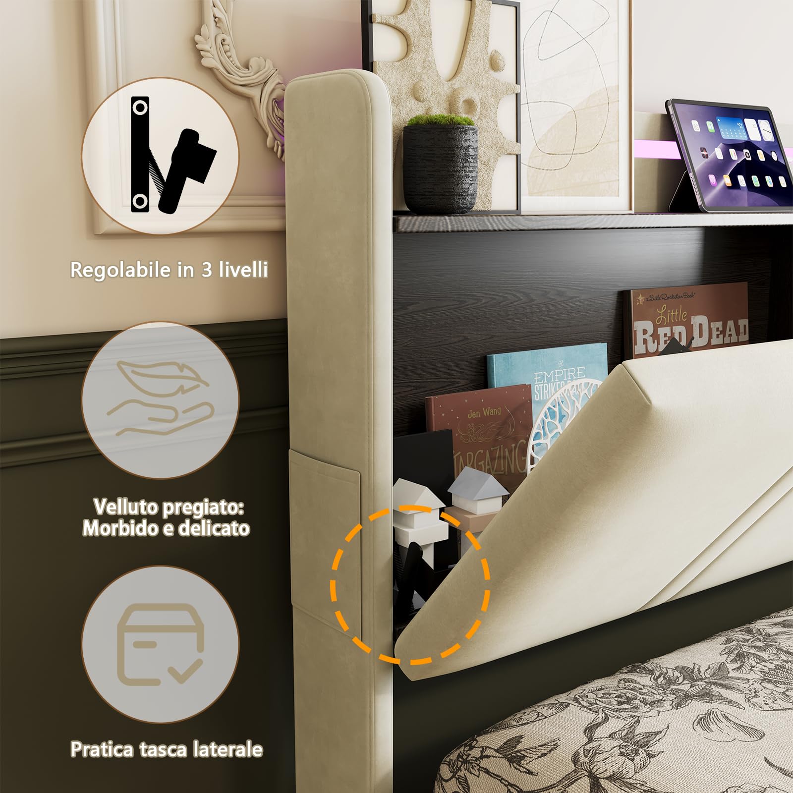 Letto Matrimoniale 160x200 con Contenitore, Striscia LED, USB C, Letto Idraulico con Tappetino Antipolvere e Testiera Multifunzionale,Letto Imbottito Velluto con Doghe in Legno,Portata 500 KG, Beige
