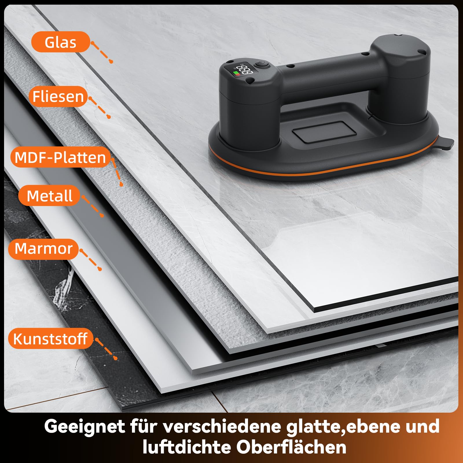 Akku Saugheber für Fliesen, 2 Stück | Tragkraft Max.300KG · 4000mAh Akku · Auto Nachsaugfunktion · Doppelmotor · LCD-Anzeige