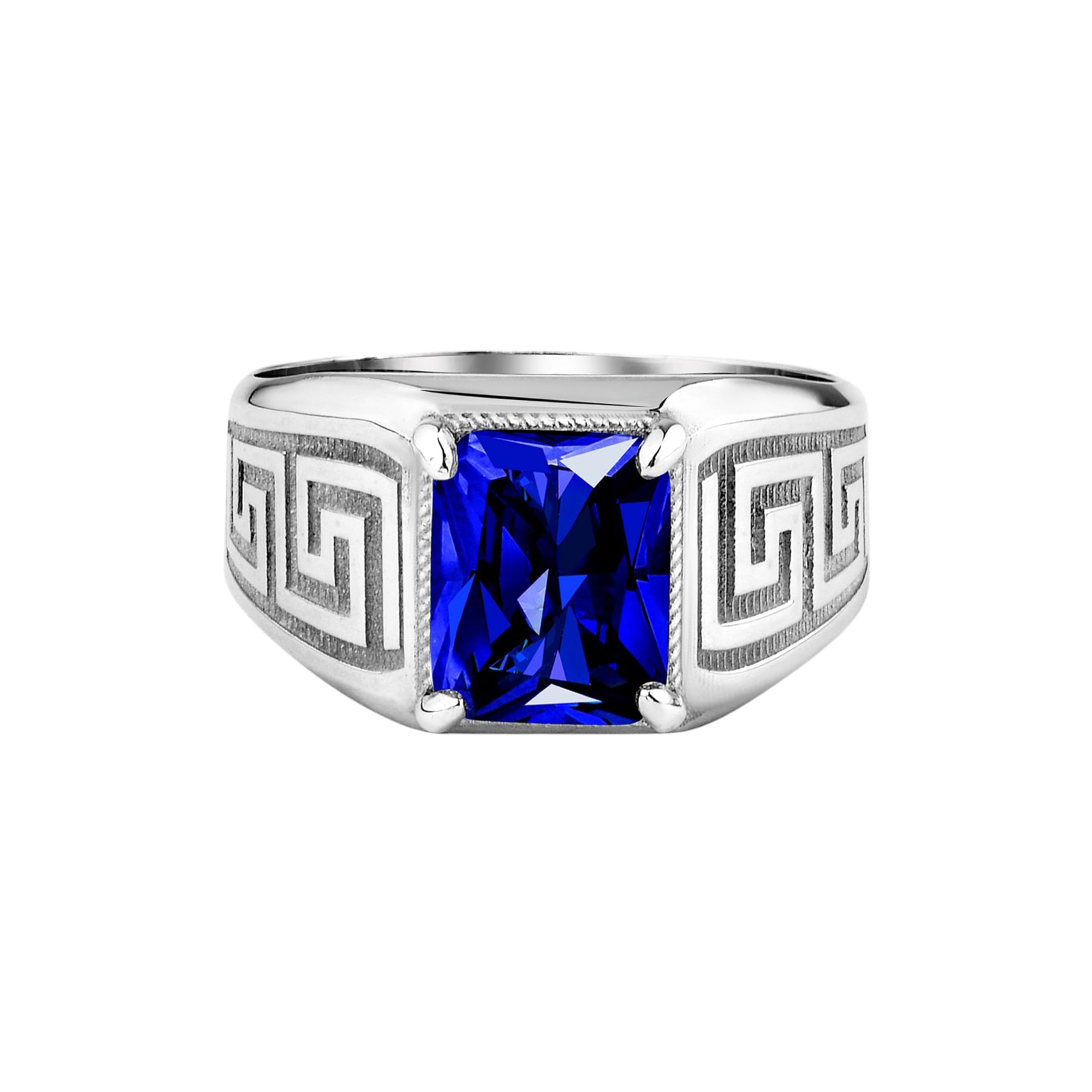 Bague pour hommes en argent saphir bleu rectangle gravé - 7