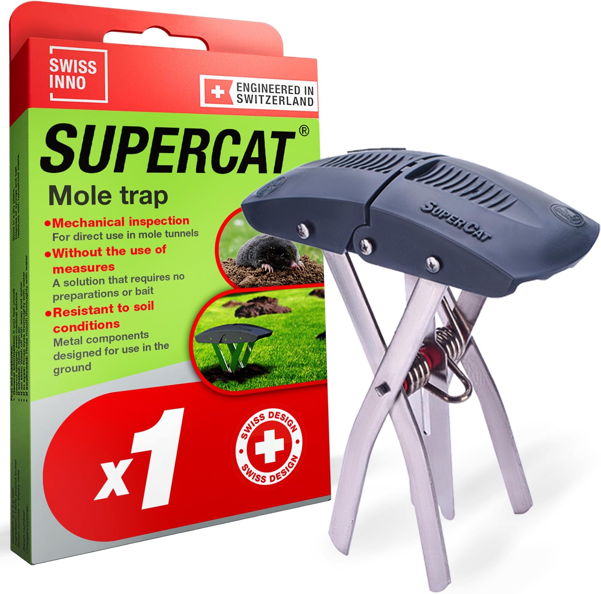 SWISSINNO SuperCat Mole Trap – Proven Traps That Work – Heavy Duty Claw Catcher for Lawns – Reusable, No Poison, No Bait – Swiss Quality - 1 piece