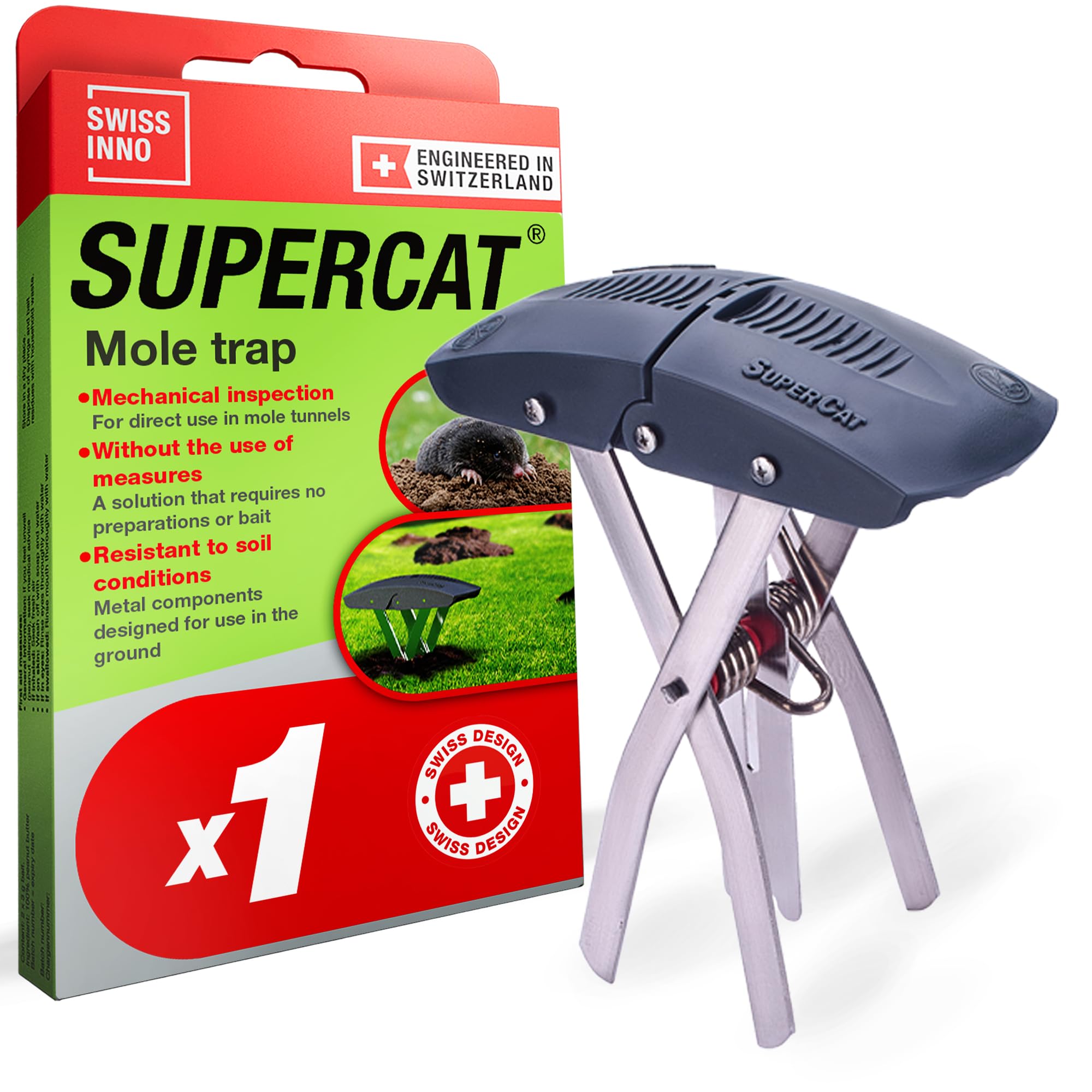 SWISSINNO SuperCat Mole Trap – Proven Traps That Work – Heavy Duty Claw Catcher for Lawns – Reusable, No Poison, No Bait – Swiss Quality - 1 piece