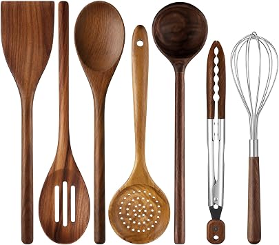 7 Piece Walnut Kitchen Utensil Set with Turner, Ladle, Slotted Spoon, Salad Spoon, Skimmer, Whisk and Kitchen Tongs, Farmhouse Cookware, Ideal for Entertaining, Wedding, Housewarming Gift